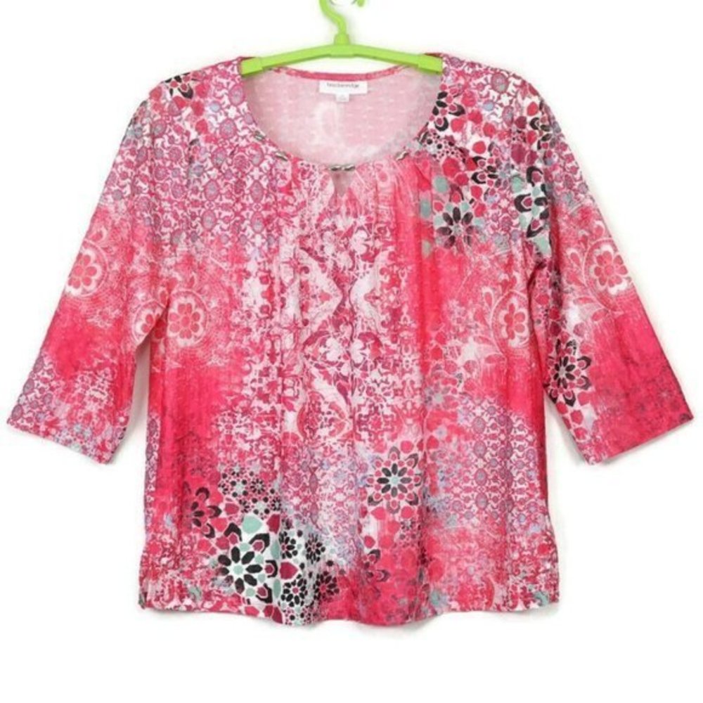 Breckenridge Arabelle Tunic Shirt‎ Top Blouse Pink White Floral XL
